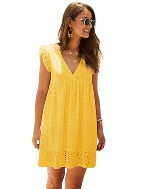 Women's Yellow Eyelet V-Neck Mini Dress Preppy Summer Sundress Cottagecore